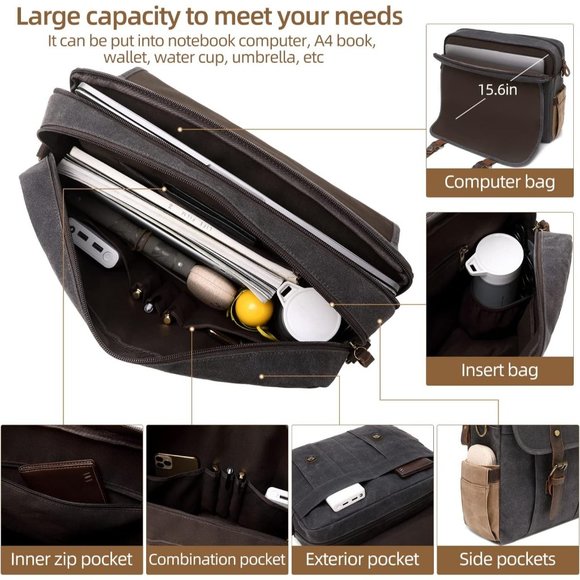 Men's Dark Grey Genuine Leather Canvas Water Resistant Satchel Shoulder Bag - Picture 12 of 13